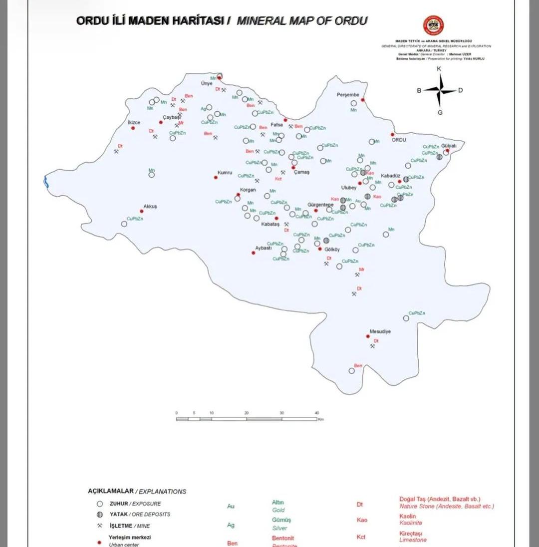 ORDU’NUN MADEN HARİTASI YAYINLANDI. Hangi ilçede hangi maden var?